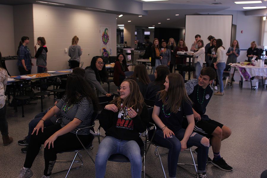 French students played a variety of games including musical chairs at Mardi Gras on Friday, Feb. 24.