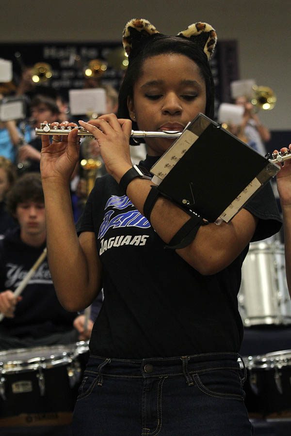 Playing with the pep band, senior Jayna Smith performs on the piccolo. 