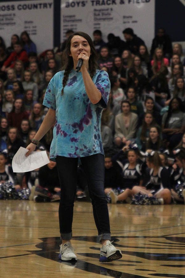 Senior president Savannah Chappell kicks off the pep assembly.