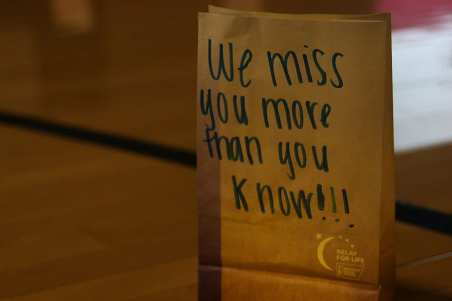 Bags decorated by students light up the Luminaria ceremony in memory of those who had cancer. 