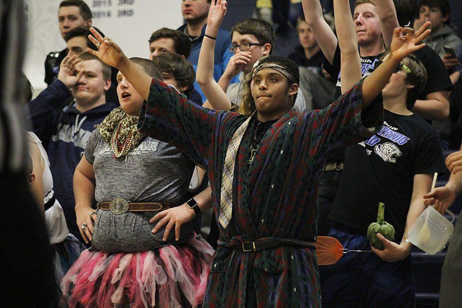 During the third quarter, senior Alec Derritt celebrates a basket.
