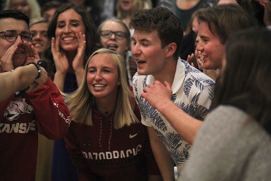 Seniors Collin Petigna, Erika Marsh, Austin Garner and Josh Winscott  participate in "Hey Hey Whaddya Say" to close the assembly on Friday, April 28.