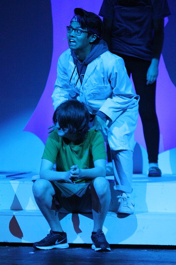 Director Frankenburg, played by senior jason Chen, attempts to explain acting to Mort, played by sophomore Hayden Schlepf.