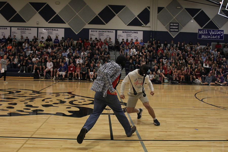 Junior Grahm Wilhauk and sophomore Dustyn Sweet compete in a pantyhose fight.