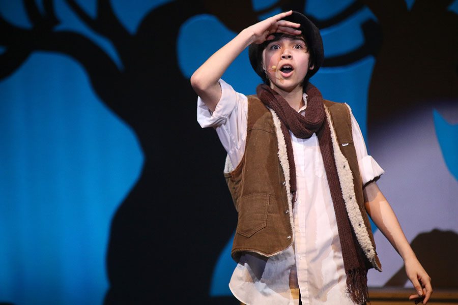 During Giants in the Sky, Jack, played by sophomore Allen Vilchis, looks out at the beanstalk during the Salvy casts dress rehearsal on Saturday, April 22,