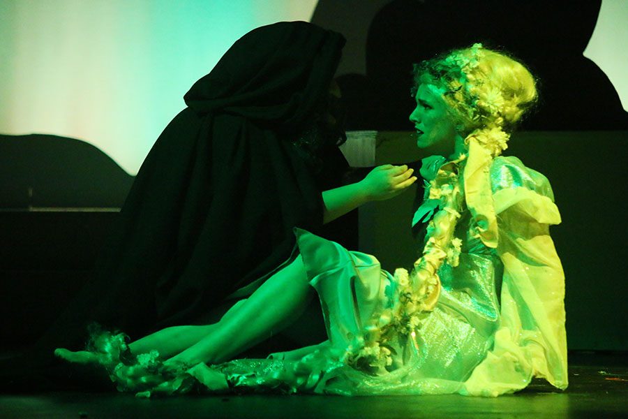 The Witch, played by sophomore Lindsey Edwards, talks to Rapunzel, played by senior Diana Auckly.
