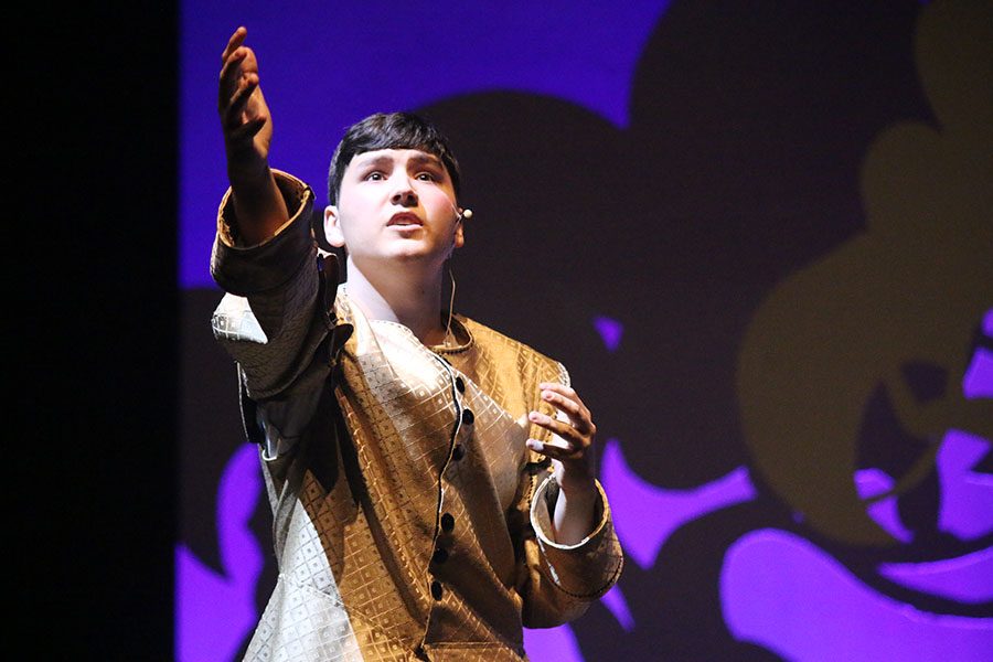 Cinderellas Prince, played by junior Graham Wilhauk, sings Agony during the Hosmer casts dress rehearsal on Monday, April 24. 