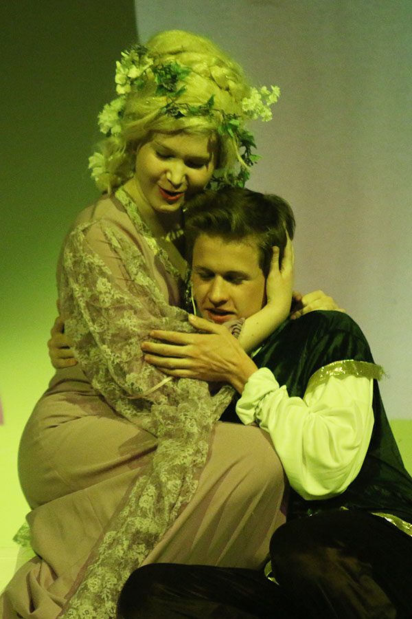 Rapunzel, played by junior Julia Feuerborn, embraces her Prince, played by sophomore Noah Smith, after he regained his vision.