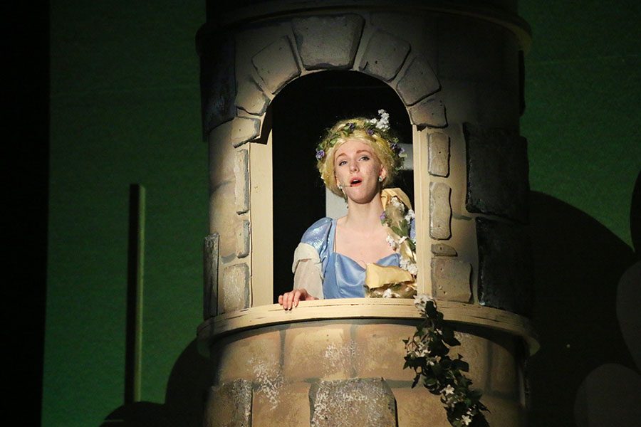 Preparing to let her hair down, Rapunzel, played by senior Diana Auckly, sings in her tower.