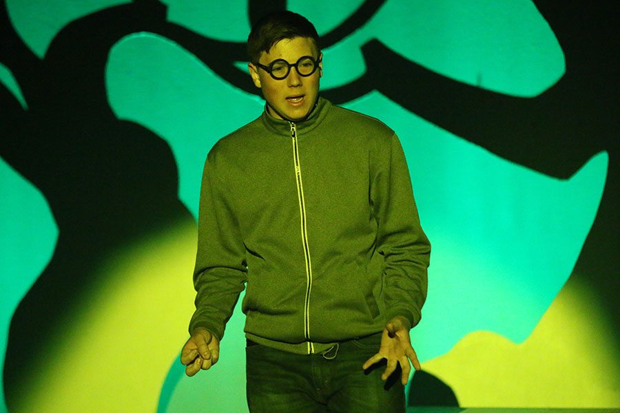 "Nerd," played by sophomore Jack Jaworski, talks about germs on stage.