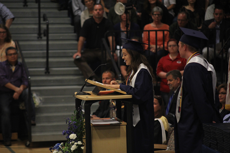 Senior Savanna Chappell gives a speech as senior class president. 
