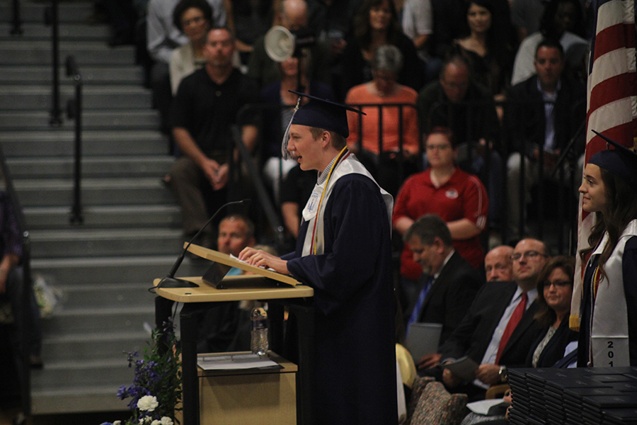 Senior Brady Rolig gives a speech as student body president. 