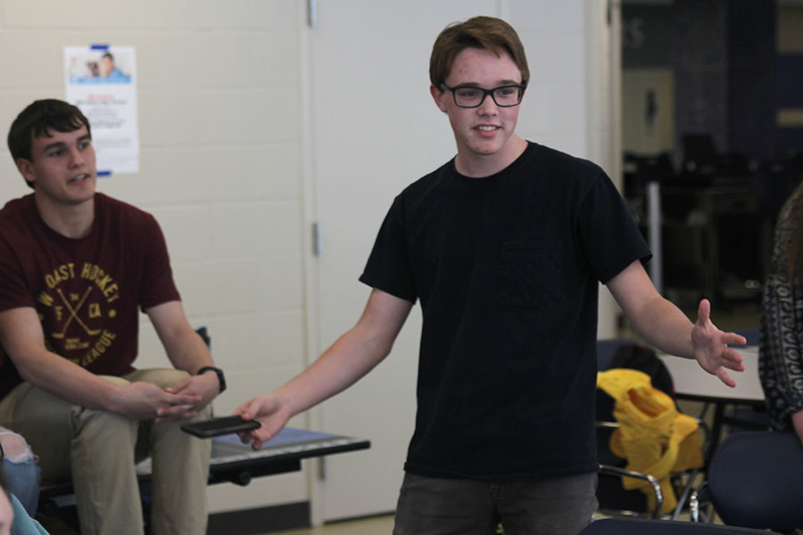 Expressing new ideas to a group of StuCo members and other students, senior class vice president Tyler Orbin participates in the StuCo open forum on March 7.