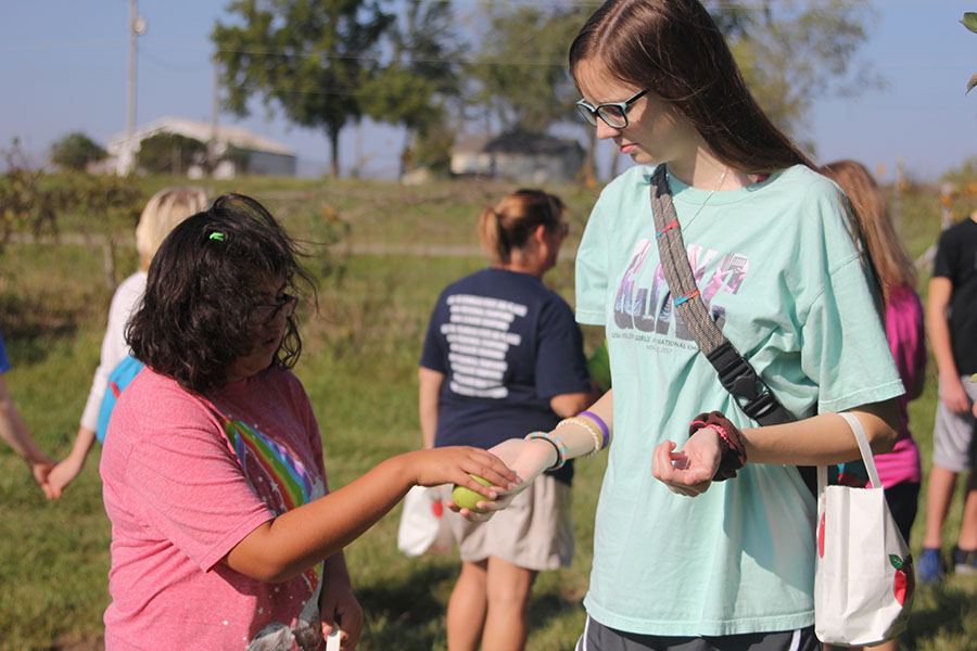 Sophomore Alyssa Frias and junior Molly Cosmillo put apples into their bags.