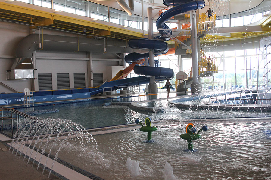 The pool offers many different features including two slides, a lazy river and a lap pool.  
