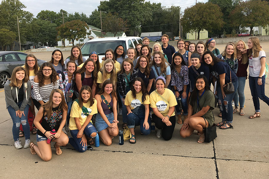Mill Valley and De Soto journalism students pose outside of the convention center in Topeka.