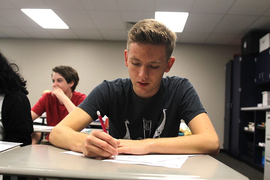 In AP U.S. History on Friday, Oct. 6, junior Eric Niewohner takes notes after his test over the Constitution. “It is important for students to know the Constitution because it helps you understand your basic rights in America,” Niewohner said. 