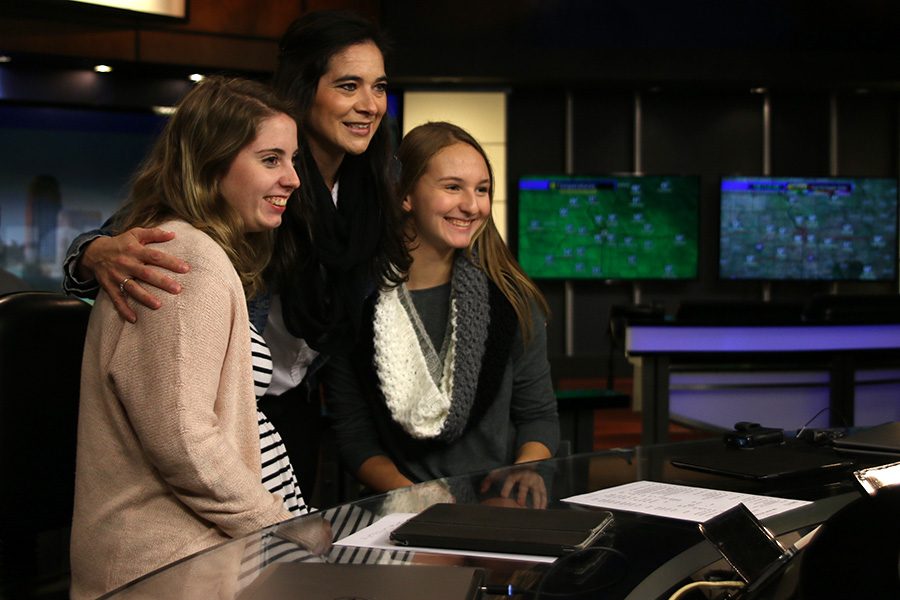 While touring Studio A, Broadcast teacher Dorothy Swafford poses with senior MVTV producers Emma Barge and Bailey Heffernon.