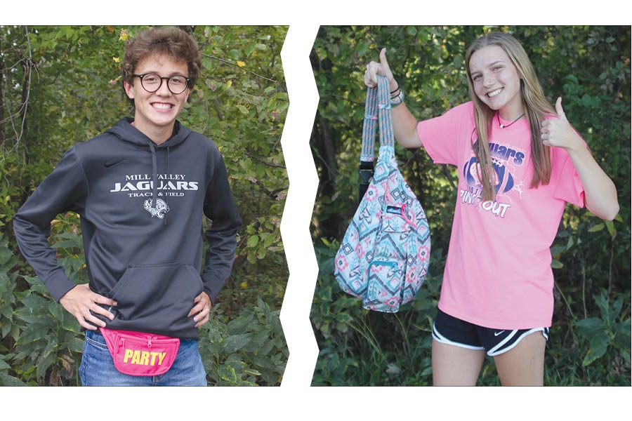 As phones become larger and pockets become smaller, students find alternative sources for their everyday storage. While Senior Brady 
Watkins shows off his fanny pack, senior Kendall Gaignat displays her KAVU bag. Photo illustration