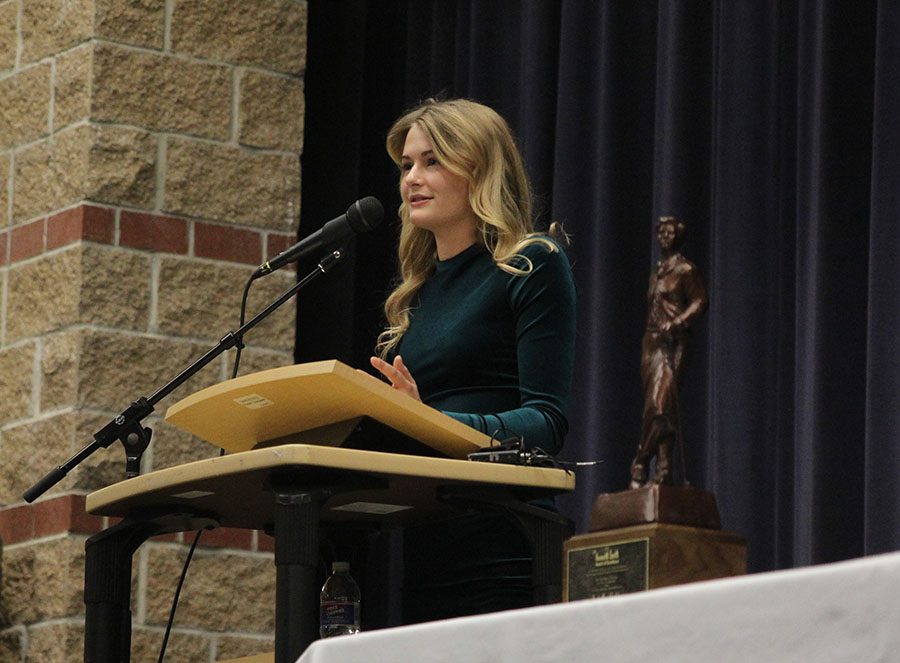 After being presented the Kenneth Smith Award, senior Bella Hadden gives her acceptance speech.