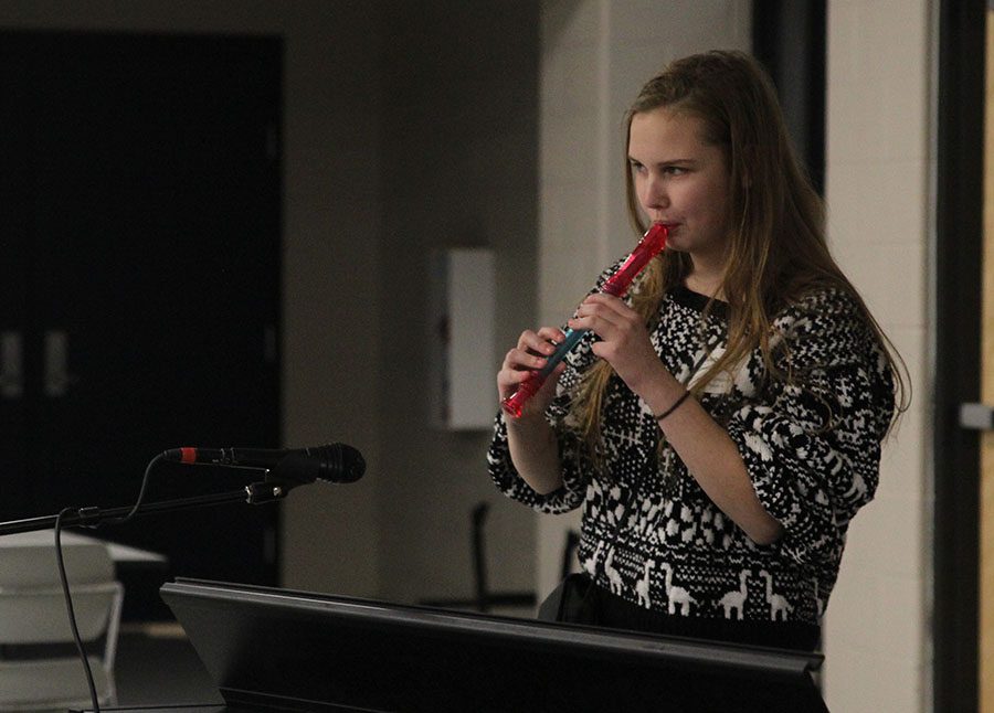 Senior Marissa Olin performs a song on the recorder.
