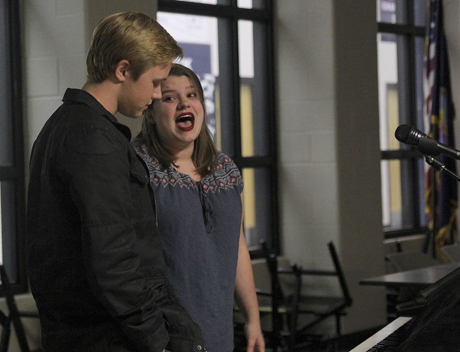 Singing the song Seventeen from Heathers: The Musical, junior Lindsey Edwards performs her part with senior Tyler Orbin.