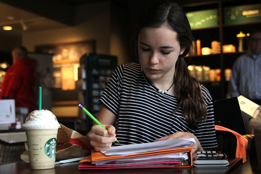 While studying for a math test, freshman Lily Fleetwood enjoys a Starbucks iced frappuccino on Saturday, Nov. 18. 
