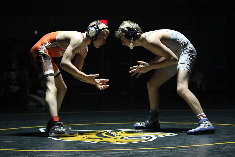 During the final match for the 113 weight class, sophomore Austin Keal looks at his opponent as he prepares to wrestle at the Bobcat Classic on Saturday, Jan. 13.