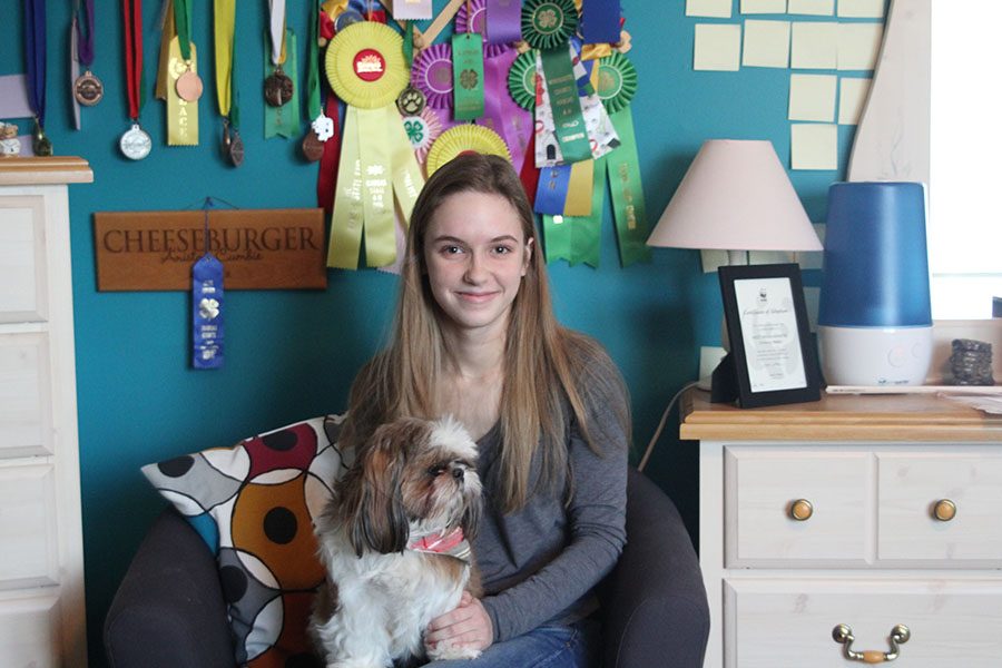 With her dog showing awards behind her, junior Aniston Cumbie sits with her dog Hadie on Monday, Jan. 15. 