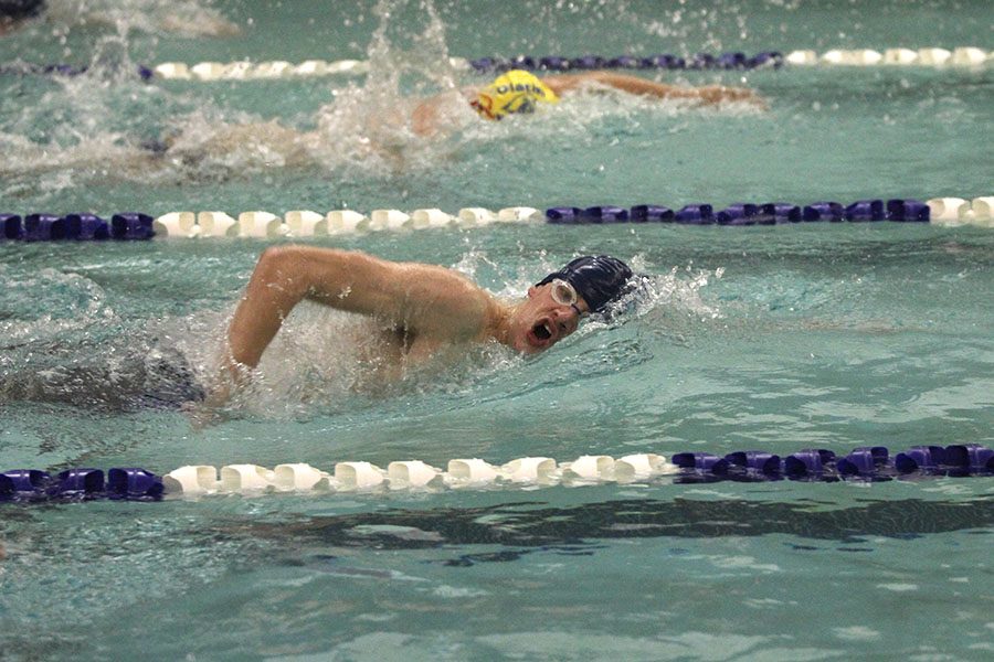 Turning to take a breath between strokes, junior Andrew Thomas swims in the 100 yard freestyle on Wednesday, Jan. 17.