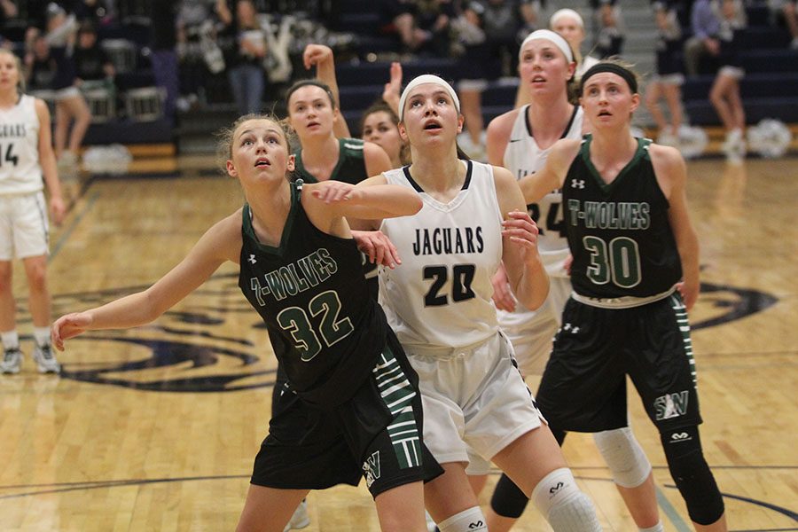 Looking up anxiously, junior Trinity Knapp waits to see if the ball will make it in the basket. The Lady Jags beat the BVSouthwest Timberwolves 53-39 on Tuesday, Jan. 30.