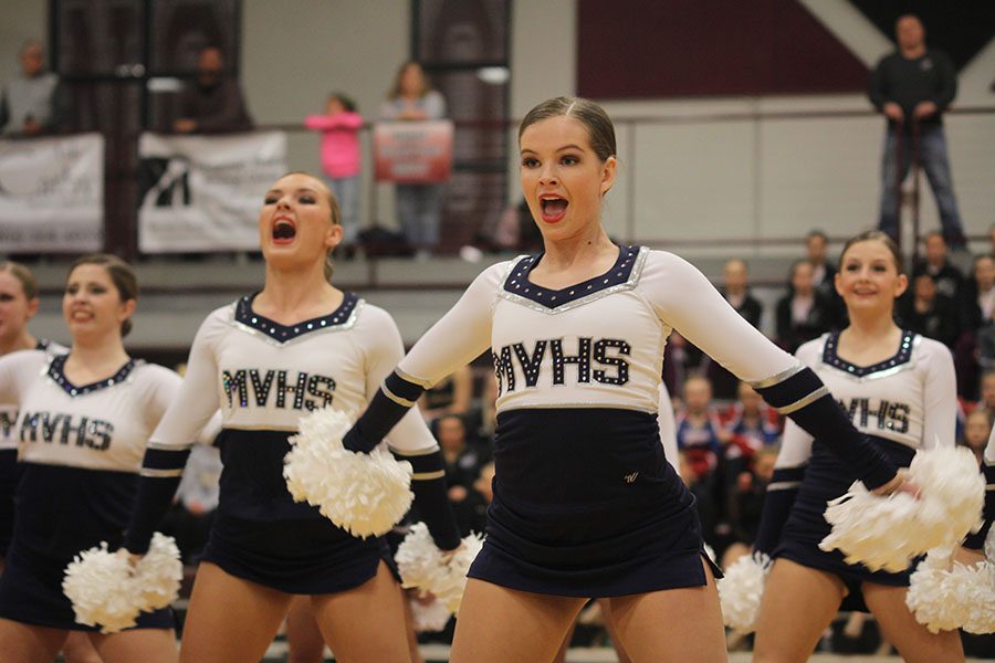 Freshman Tyler Bret faces the judges during the Silver Stars pom routine. The team placed first in pom at the Lees Summit North Invitational on Saturday, Jan. 20.