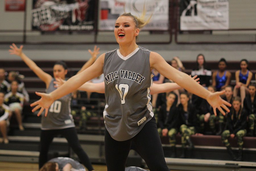 As songs such as Humble by Kendrick Lamar play through the speakers, senior Emmy Bidnick performs in the hip hop routine.