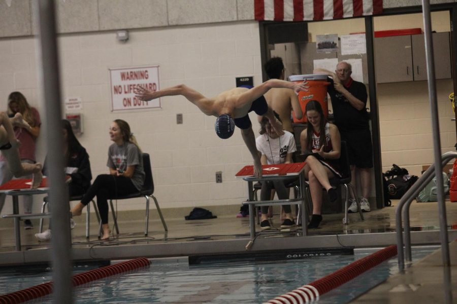 Junior Ethan Forristal dives off the block to compete in the 100-yard freestyle.