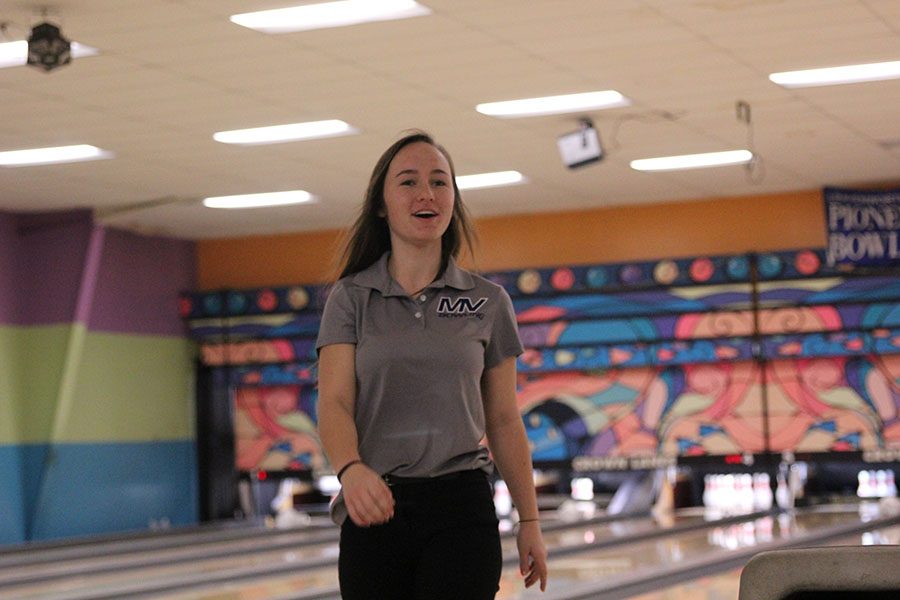 Sophomore Rylee McElroy walks back after a good turn at her lane. 