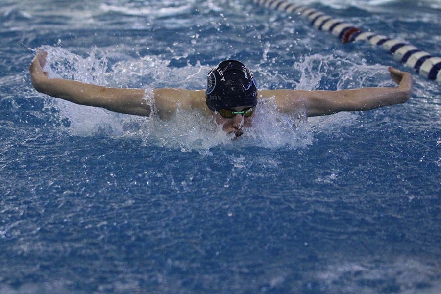 Junior Chris Sprenger swims the Butterfly portion of his 200 individual medley on Saturday, Feb. 17.