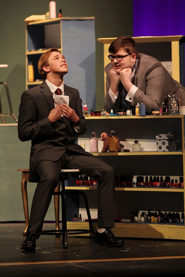 Georg Nowack, played by senior Tyler Orbin, reads a love letter out loud to Ladislav Sipos on Thursday, Jan. 25.