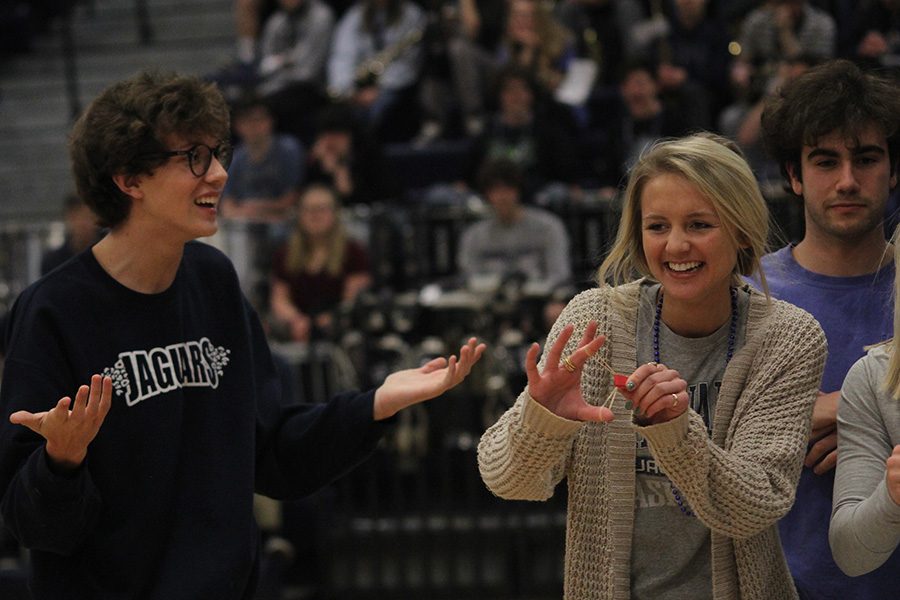 Winter homecoming candidates seniors Brady Watkins and Whitney Molan participate in the candidate game.  
