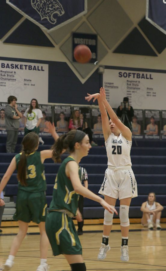 Playing against SM South on Monday, Jan. 22, junior Trinity Knapp takes a shot. 