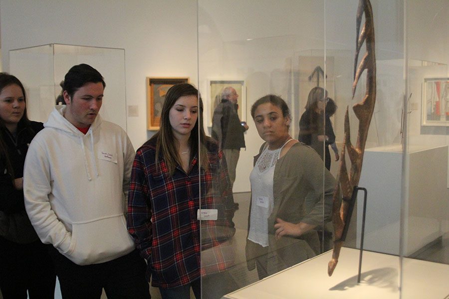 Juniors Sydney Pullen, Grace Lovett and Jacob Hoffman admire a sculpture by Picasso.