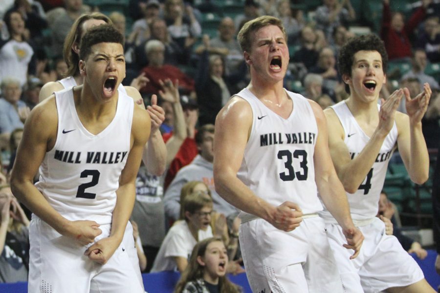 From the bench, junior Matty Wittenauer and senior Brody Flaming and Mason Little celebrate after senior Cooper Kaifes steals the ball and drives down the court resulting in an and one for Kaifes. 
