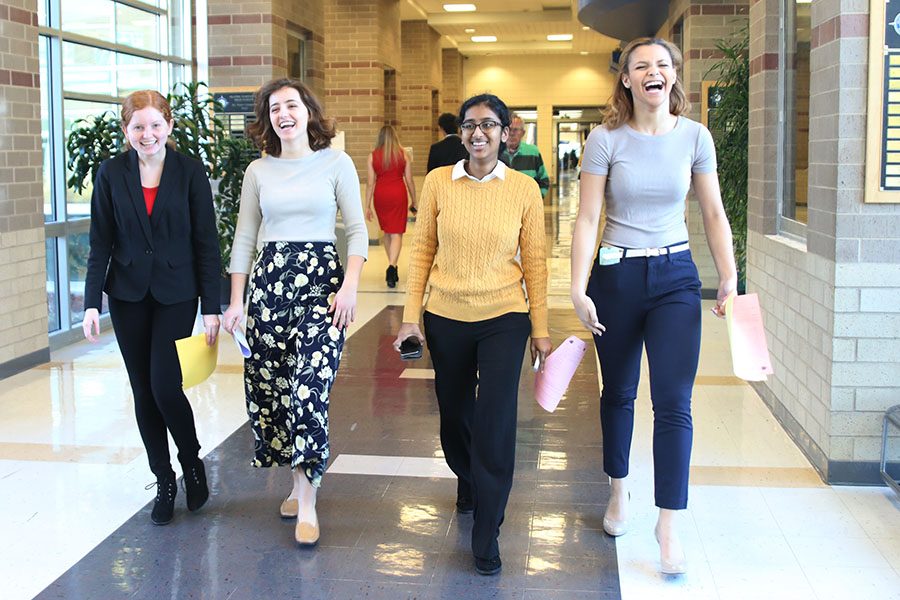 Juniors Grace Johnson, Lauren Rothgeb, Elizabeth Joseph and Lucy Graff make their way to the rooms where they will compete on Saturday, Mar. 3.