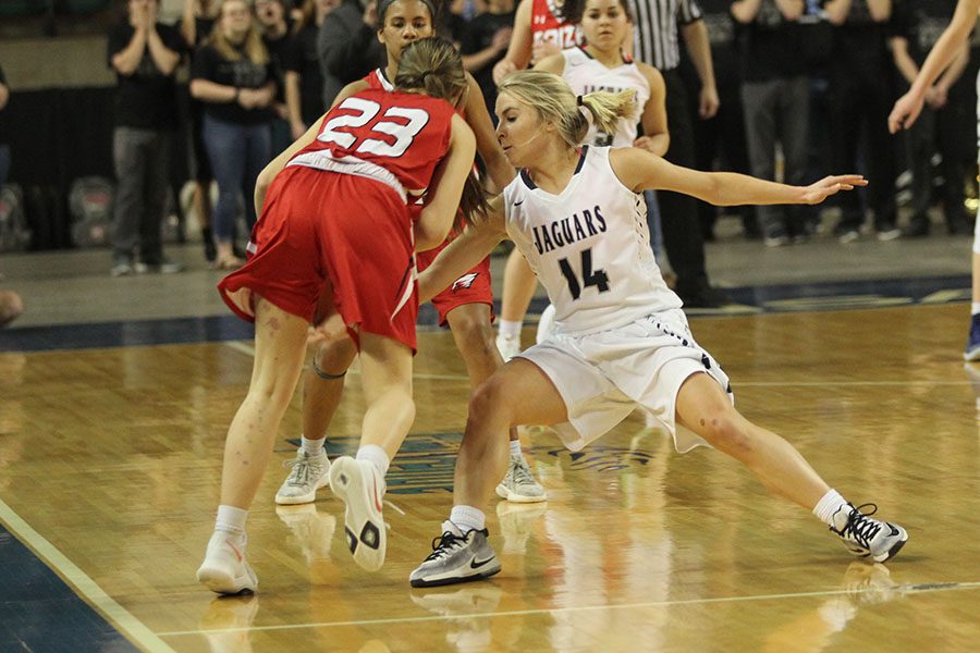 Playing defense, senior Adde Hinkle reaches in front of a Maize player to steal the ball.