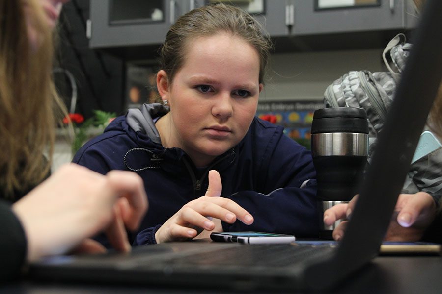 As she studies in her Agricultural Science class on Wednesday, Feb. 14, junior Ciara Pemberton uses Quizlet live. “We have access to a lot of technology like laptops and also get hands-on learning experiences,” Pemberton said.