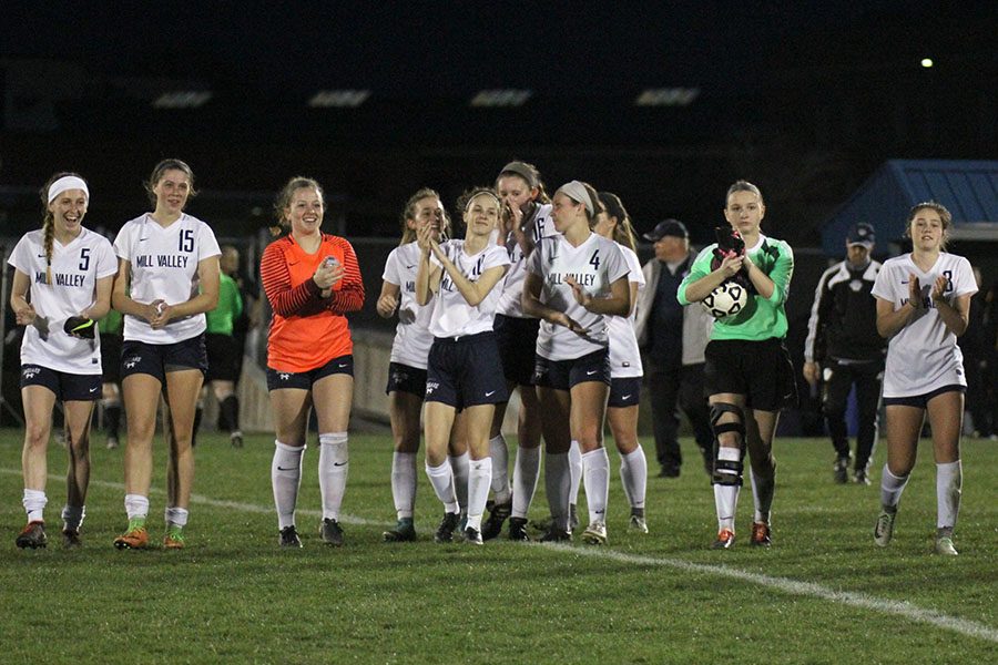 After a dominant 5-1 win, the girls soccer team acknowledges the fans.