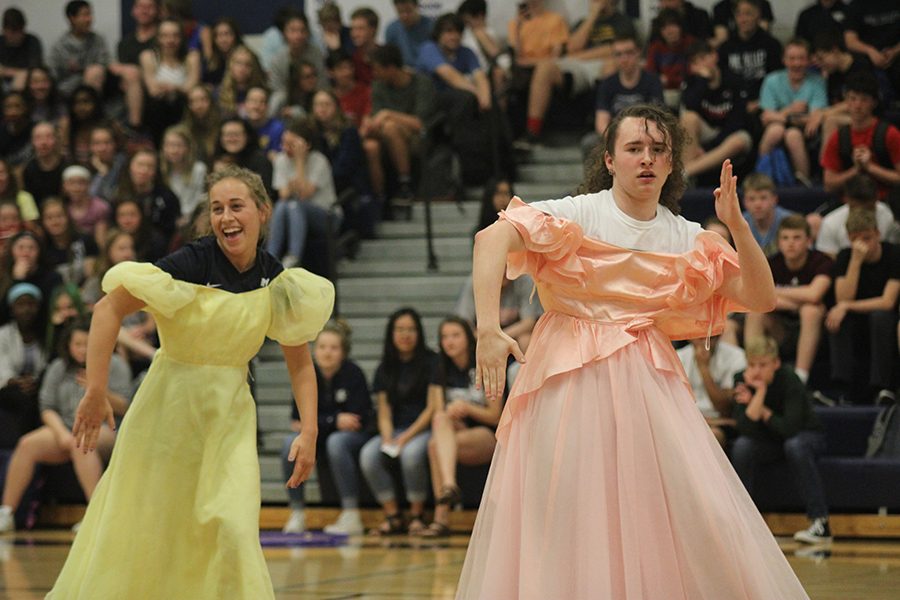 Prom candidates Madison Irish and Parker Johnson robot dance during their performance.