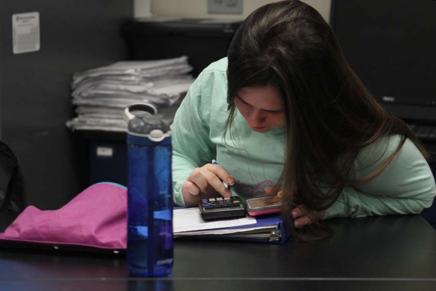 Sitting in science teacher Chad Browns room on the morning of Tuesday, April 10, junior Eve Steinle works on her math homework. I enjoy [spending time in Browns room] because my friends hang out in there, so its a chance to see and talk to them since I dont really have any classes with them, Steinle said.