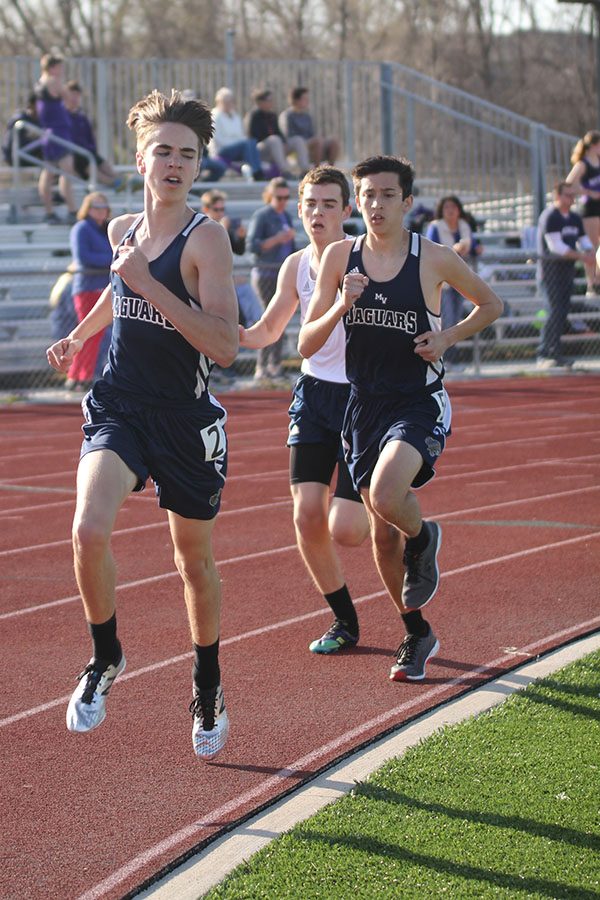 Sophomores Karch Crawford and Josh Mansfield finish the boys 1600. Crawford placed fifth and Mansfield placed ninth.