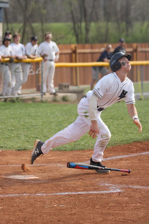 Senior Brayden Carr looks up at the ball after a hit.