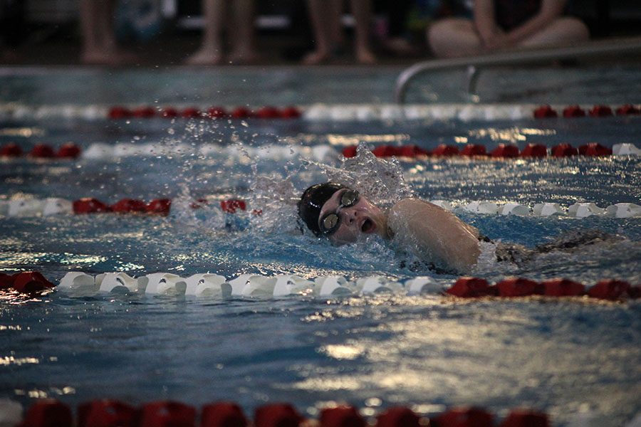 Junior Emily Proctor swims in a freestyle during one of her events on Tuesday, May 2.